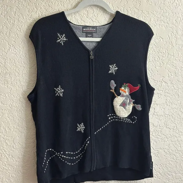 Woolrich Sweater Vest Black L Womens Snowman Snowflake Embroidered Holiday - Image 3