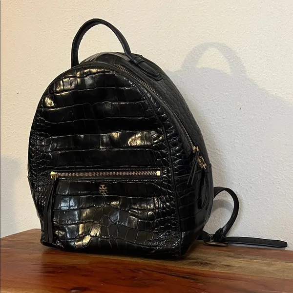 Tory Burch Croc Embossed Black Leather Mini Backpack Purse Gold Logo Casual Luxe - Image 4
