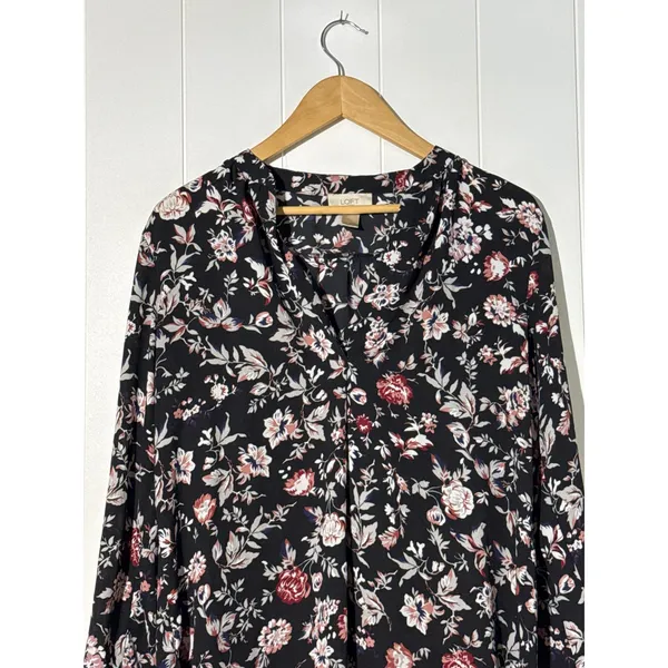 LOFT Blouse Large Black Floral Button Front Rayon Lightweight Womens - Image 3