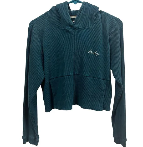Hurley Ribbed Turquoise Long Sleeve Hooded Cropped Shirt Kangaroo Pocket Medium - Image 10