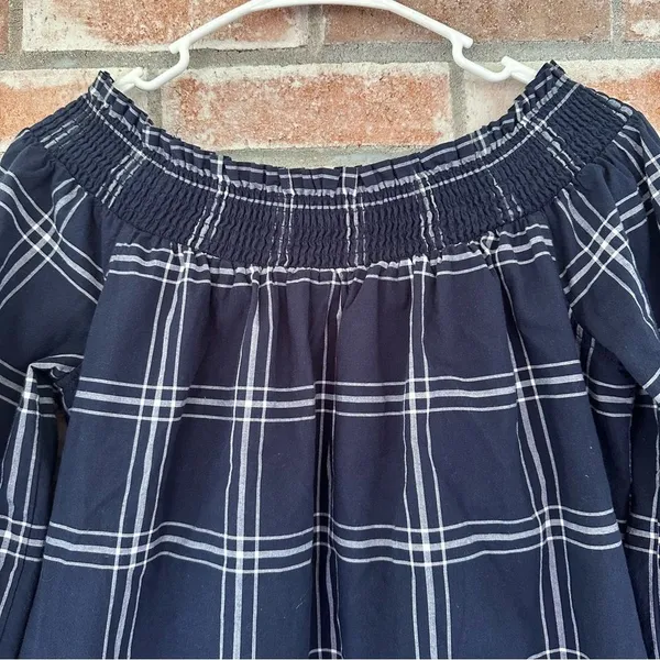 Abercrombie Fitch Plaid Off Shoulder Mini Dress Navy White Women’s Large - Image 9