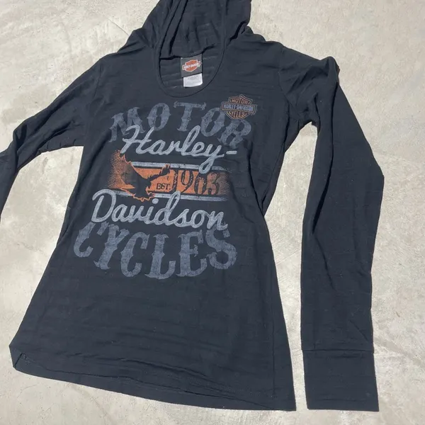 Harley Davidson Black Long Sleeve Top w/ Hoodie Pelham AL SZ L Motorcycle - Image 4
