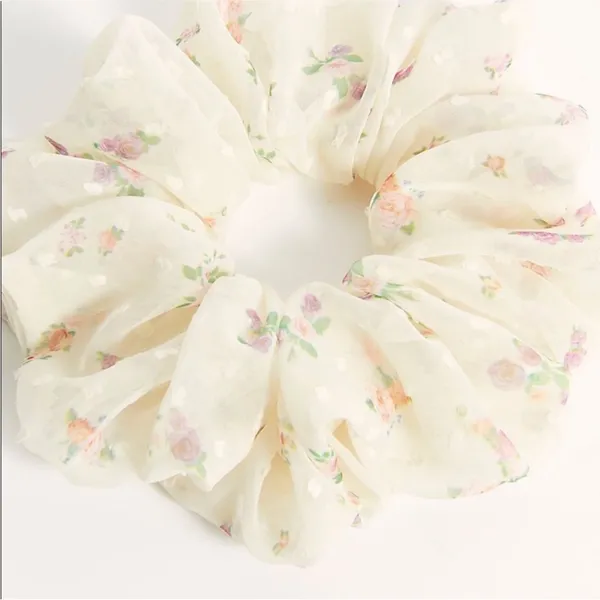 Free People Cottage Boho Floral White Large Fluffy Hair Scrunchie Accessory - Image 3