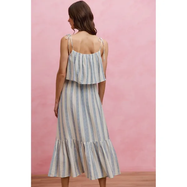 SO ME Stripe Tiered Shoulder Tie Midi Lined Dress - Medium - Image 3