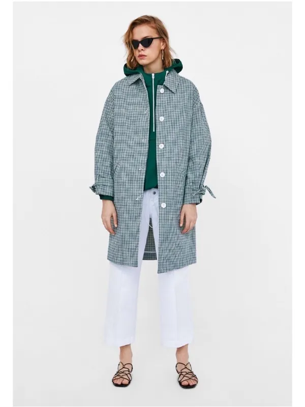 Zara Green Plaid Bow Cuff Coat Sz S Preppy Like New - Image 3