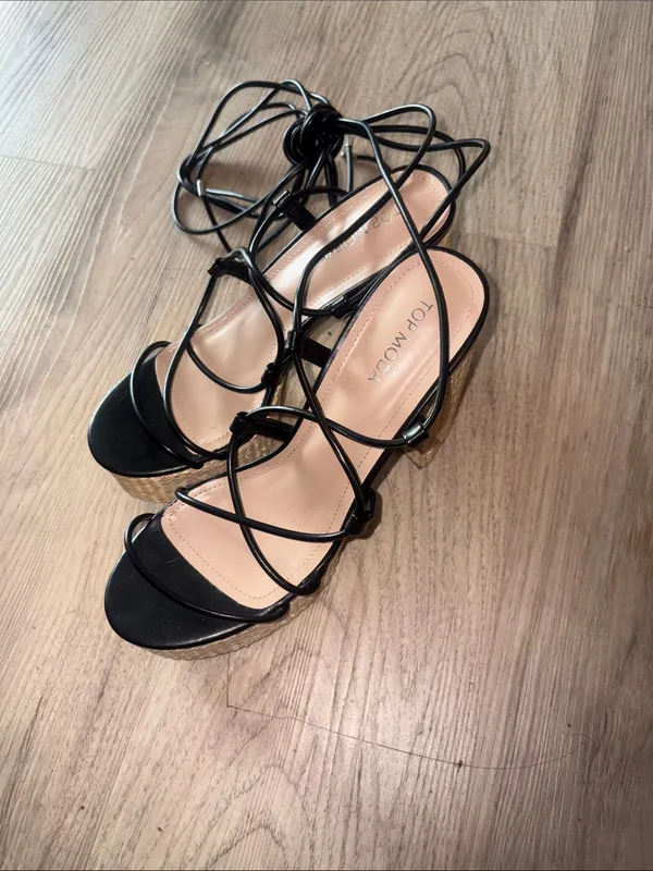 TOP Moda Black Lace-Up Woven Block Heel Sandals size 8.5 - Image 7