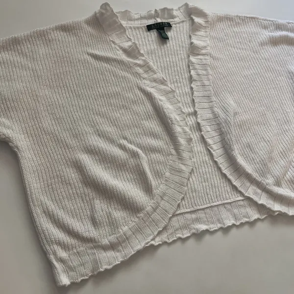 Lauren Ralph Lauren OS Linen Cotton White Cardigan Shrug Green Label - Image 2
