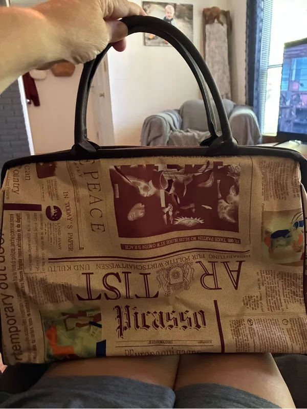 Women's Newspaper Print Tote Bag in Beige and Brown - Image 3