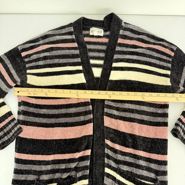 Olive + Oak Chenille Longline Cardigan Womens Medium Striped Grey Pink Cream - Image 9