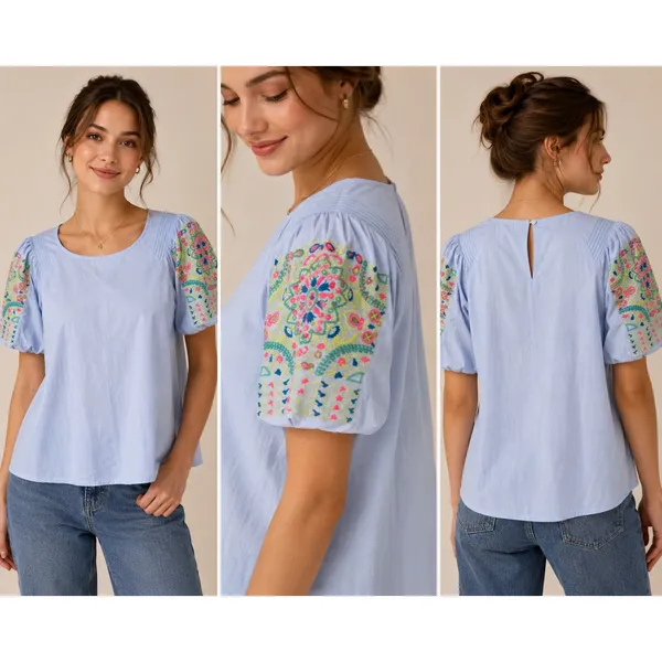 Jodifl‎ Womens Light Blue Embroidered Puff Sleeve Pintuck Blouse H21115 Size M - Image 2