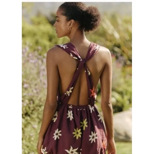 Anthropologie Celandine Linen-Blend Sleeveless Deep-V Romper Sz M Resort Beach - Image 3