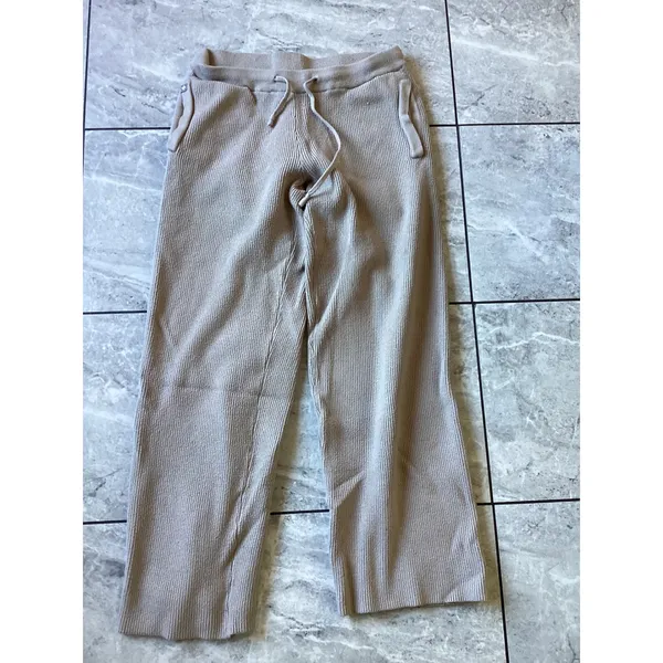FIGS Ribbed Knit Wide Leg Lounge Pants Tan XS W18LW3003 Drawstring Pockets - Image 3