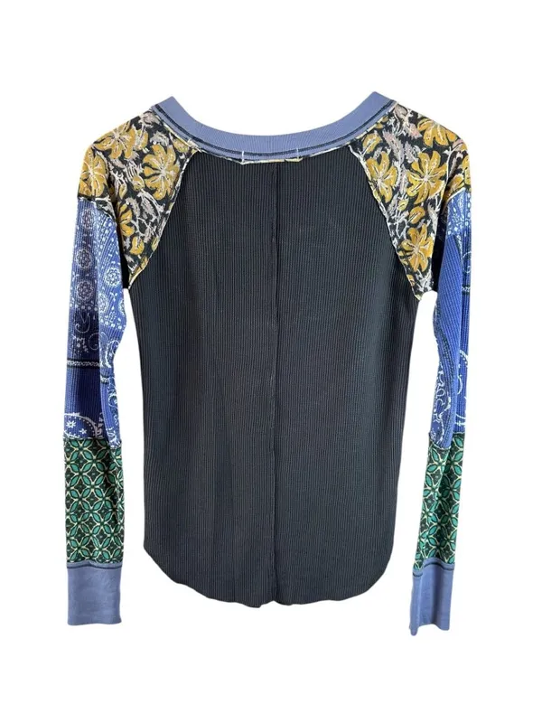 We The Free People Bright Side Patchwork Thermal Top Small Bandana Boho Blue - Image 6