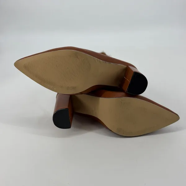 Fur Cuff‎ Pointed Toe Heeled Ankle Boots Womens EU 41 Brown Buckle Faux Leather - Image 6