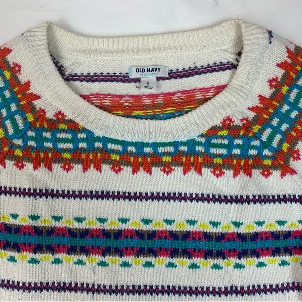 old navy women's medium faire isle knit sweater casual white colorful holiday - Image 3