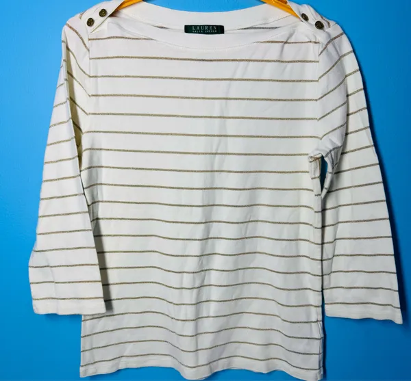 Lauren Ralph Lauren White and Gold Metallic Striped Boatneck Top - Image 4