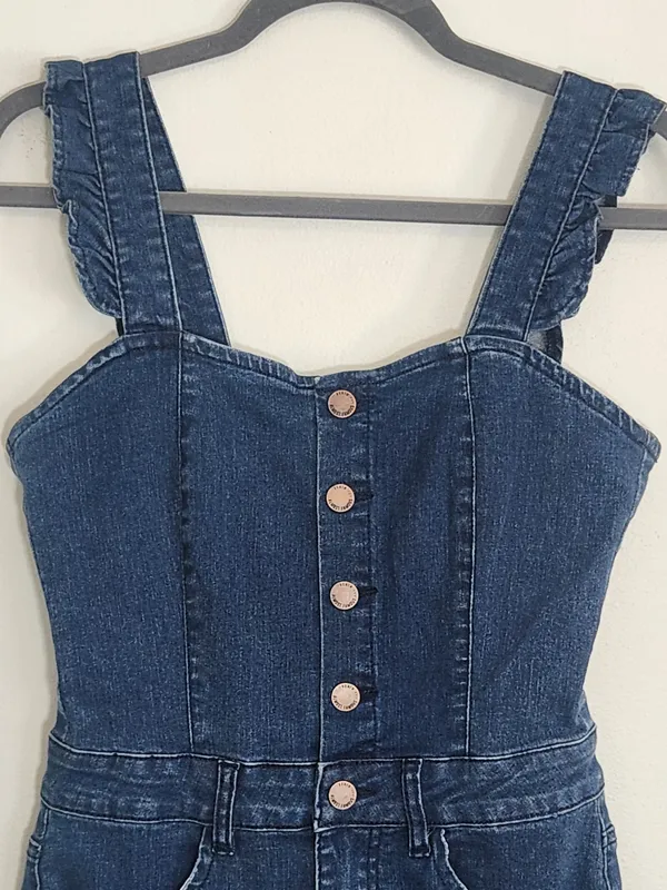 Almost Famous Dark Wash Denim Romper with Ruffle Sleeves Size Small NWT - Image 2