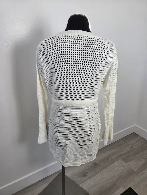 Ivory Cream Loose Knit Swim Cover Up Long Sleeve Sheer Cottagecore Beach Boho L - Image 4