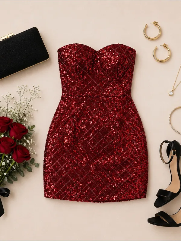 Emerald Sundae Red Sequin Strapless Bodycon Mini Dress XS Cocktail Party Holiday - Image 5