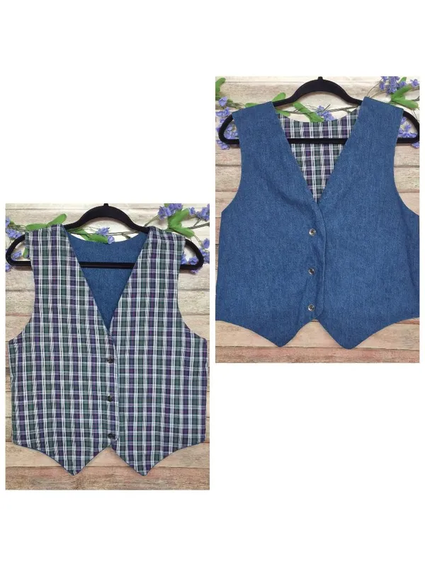 VTG Handmade Unisex S/M Blue Denim Jean Vest Plaid Reversible Country Cottage - Image 2