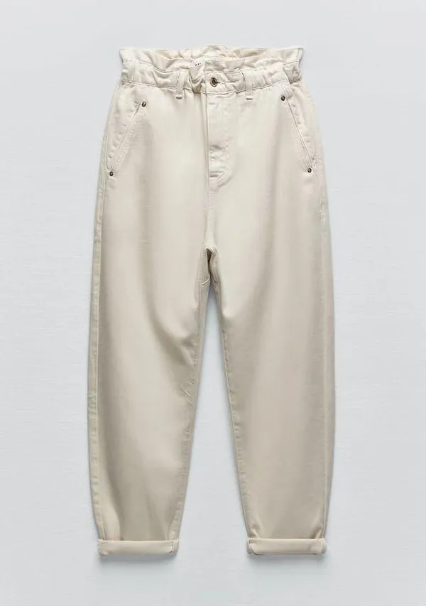 Zara NWT Z1975 Baggy High Waisted Paperbag Jeans Ecru Off White Size 30 - Image 5