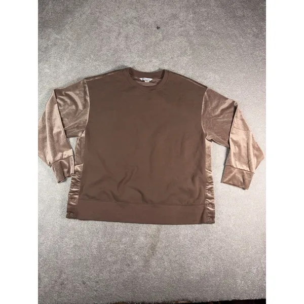 Athleta Womens L Retroplush Velvet Crewneck Sweatshirt Pullover Side Snaps Brown - Image 2