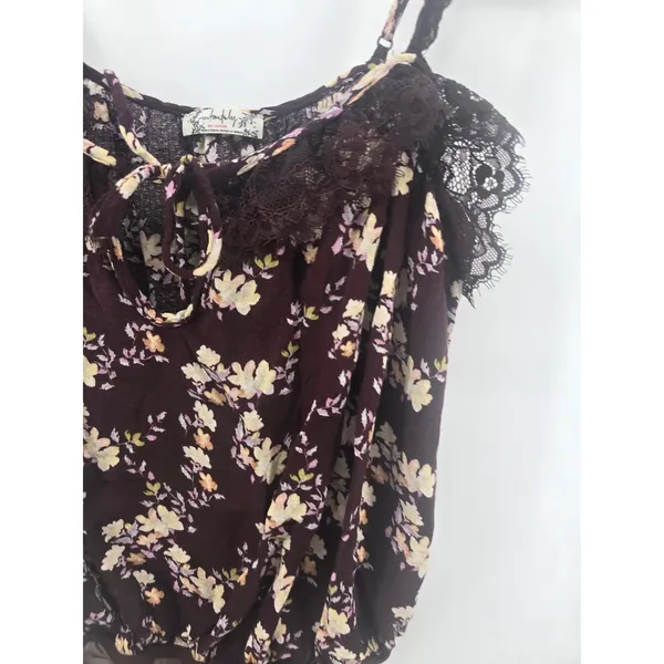 Free People Bodysuit Womens Small‎ Burgundy Floral Lace Trim Ruffle Straps Boho - Image 2