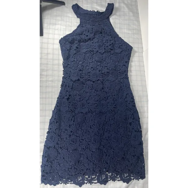 Lulus Navy Blue Floral Crochet Lace Halter Neck Bodycon Mini Dress Style 61976A - Image 5