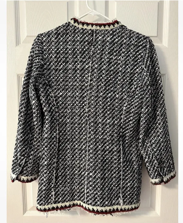 ZARA Black and White Tweed Jacket Blazer Sz L - Image 6