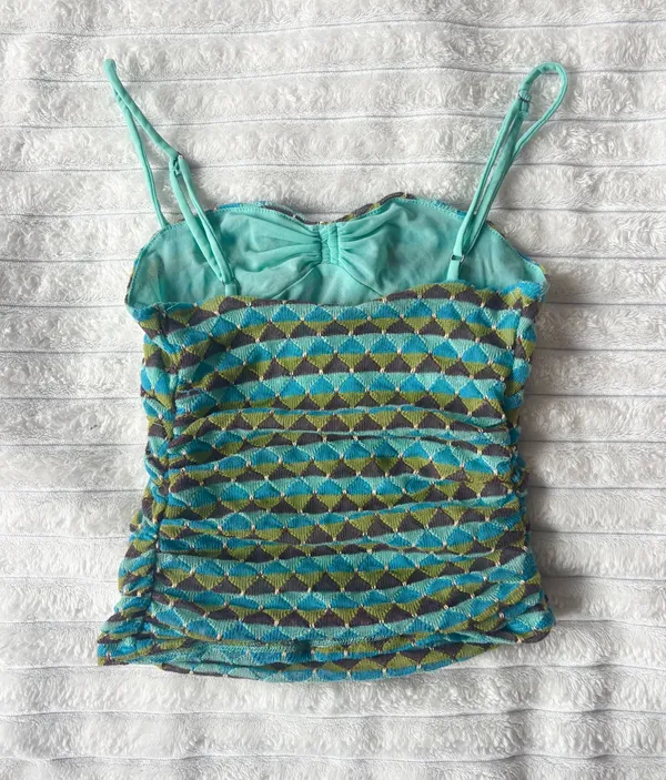 Free People Blue Mesh Overlay Patterned Cami Ruched Tank Top - Image 2