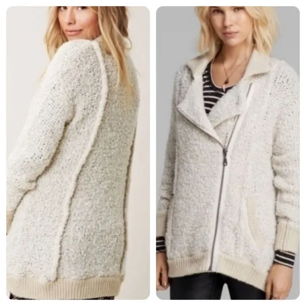 Free People Sz XS Oatmeal Boucle Jacket Fuzzy Cardigan Sweater - Image 3