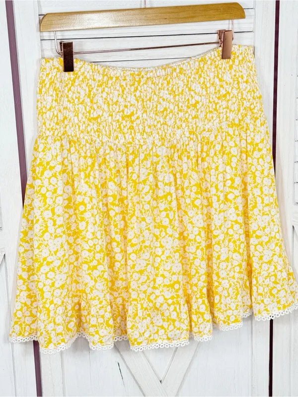 Lost + Wanderer Floral Lace Hem Smocked Waist Mini Skirt Yellow White XL Cottage - Image 7