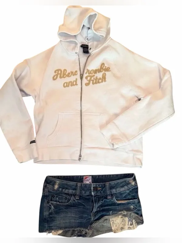 Vintage Abercrombie & Fitch Y2K White Full-Zip Hoodie with Gold Script Logo‎ - Image 6
