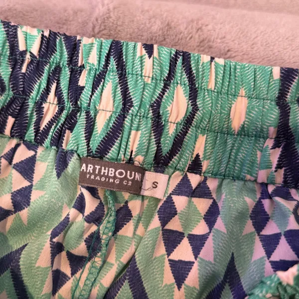 BOHO Wide Leg Palazzo‎ Pants Size S Green Geometric Smocked Waist Festival Flowy - Image 2