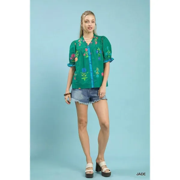 Umgee Petal Parade Print Button-Down Blouse - Jade - Small - Image 4