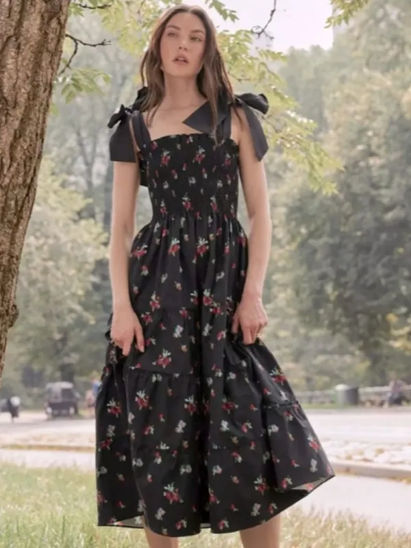 NWT Hill House Ribbon Ellie Nap in Black Ikat Taffeta Smocked Midi Dress XS - Image 7