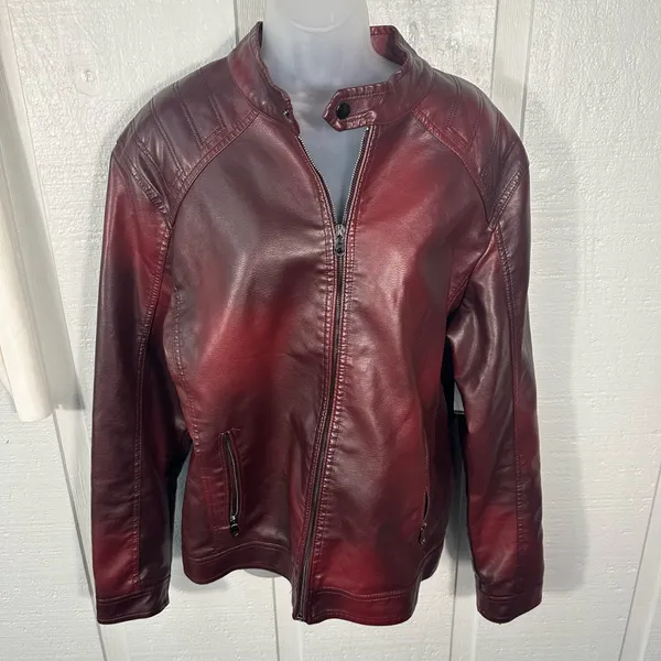 Burgundy Faux Leather Bomber Jacket No Size See Measurements EUC - Image 2