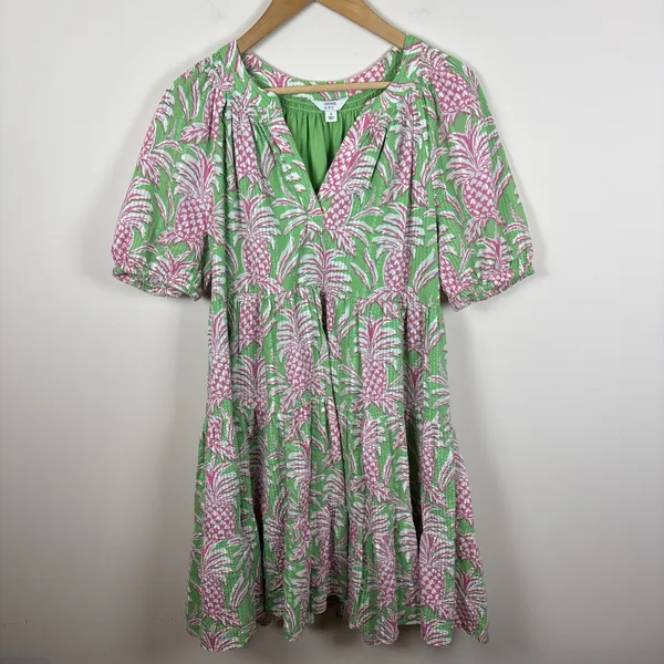 Crown Ivy Dress Sz‎ S Pineapple Green Cottage Tiered Tropical Puff Short - Image 2