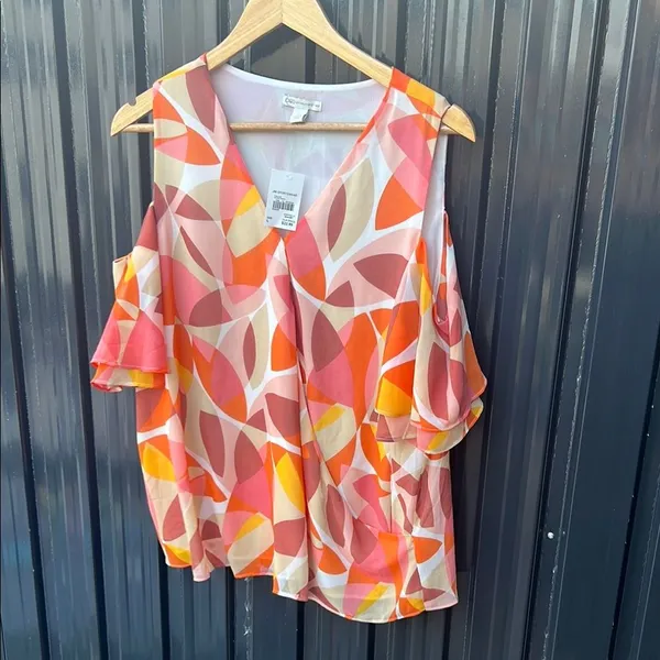 Cato Pink Orange Yellow Abstract Graphic Cold Shoulder Blouse L Large NWT Ruffle - Image 5