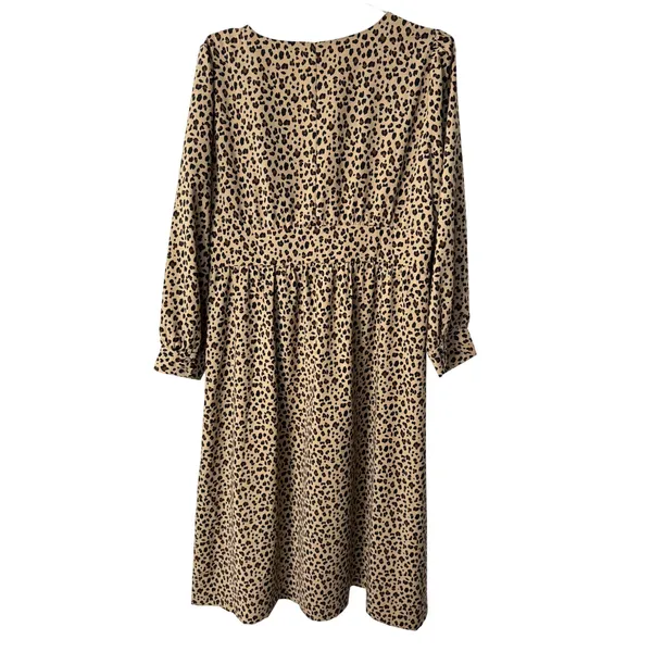 J.Crew Midi Dress Tan Leopard Print V-Neck Long Sleeve Button Front Size 12 - Image 4