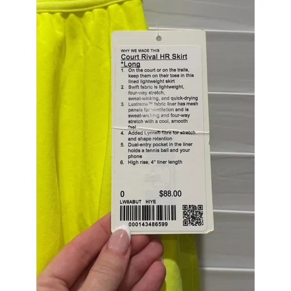 NEW Lululemon Court Rival HR Skirt Long Women 0 Highlight Yellow Neon Tiered - Image 2