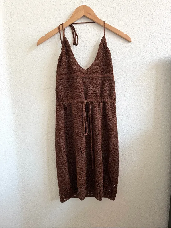 Outcast Braylee Brown knit Crochet Halter Mini Dress - Large L - Image 2