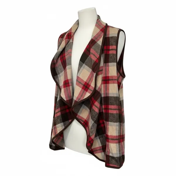 Plaid Waterfall Open Front Wool Polyester Vest New Size L Vibrant Autumn Vibe! - Image 7