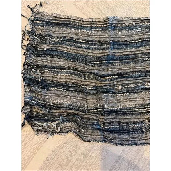 Blue White Metallic Sheer Striped Scarf Lightweight Woven Fringe Wrap - Image 4