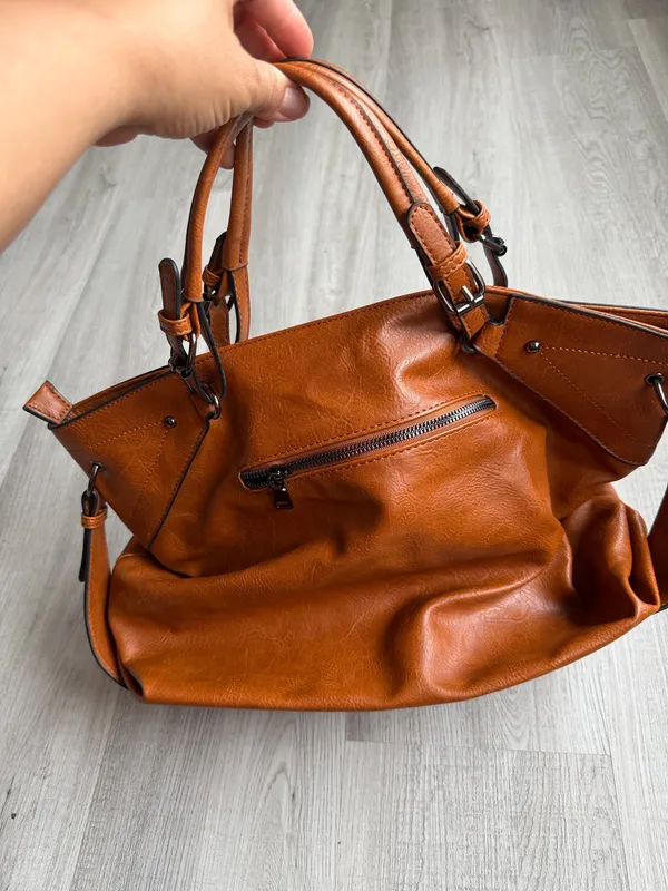 Sam & Hadley Brown Cognac Satchel Bag Buckle Detail Faux Leather Large Handbag - Image 5