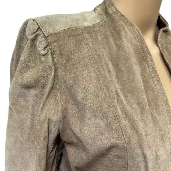 Vintage Suede Tan Open Front Pocket Jacket Puff Sleeve Womens Juniors 9 10 - Image 3