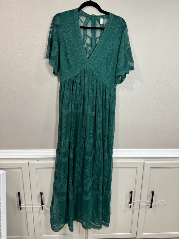 PinkBlush Forest Green Lace Mesh Overlay Maxi Dress - Image 2