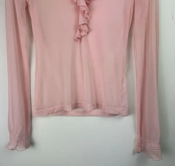 Vtg Y2K Pink Sheer Ruffle Neck Top Sz XS - Image 6