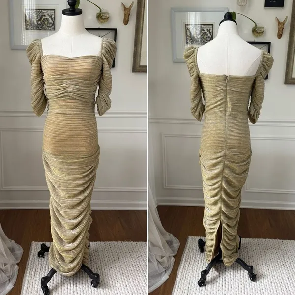 Miss Circle Sorrel Gold Ruched Chiffon Long Maxi Dress Formal Gown $250 M - Image 3