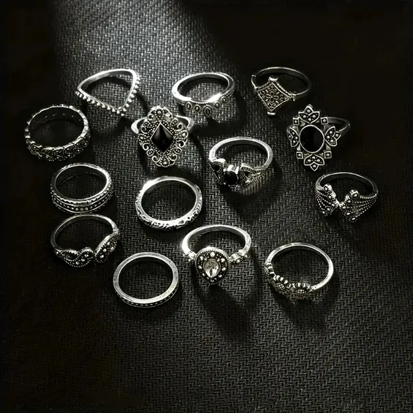 15 pc set Retro Midi Rings Silver and Black - Image 4